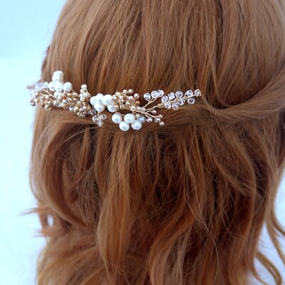 Swarovski Pearl Bridal Headpiece - Wedding Tiara - Wedding Hair Piece Gold Wedding Headband Swarovski Wedding Hair Jewelry Bridal Hair Vine - image6